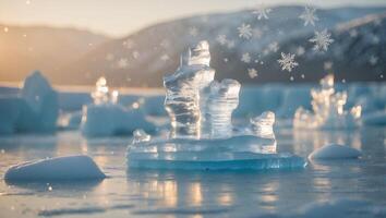 Ice Formations Floating in Winter Landscape with Snowflakes Falling Gently photo
