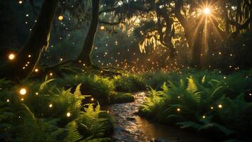 Magical Forest Stream with Ferns and Glowing Light Orbs photo
