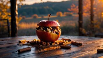 Apple Stuffed with Nuts and Cinnamon Sticks on Wooden Table photo