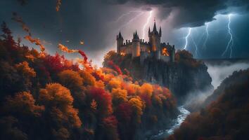 Majestic Castle on Cliff During Stormy Autumn with River Below photo