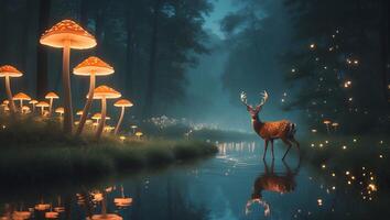 Deer Standing in Stream with Glowing Mushrooms at Twilight Forest photo