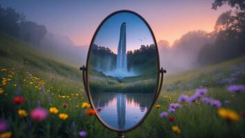 Waterfall Reflected in Mirror on Flower Meadow at Misty Dawn photo