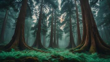 Walking Through a Forest with Tall Trees and Ferns on Ground photo