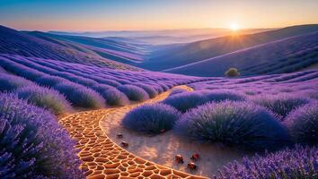 Lavender Field at Sunrise with Insects and Scenic Path photo