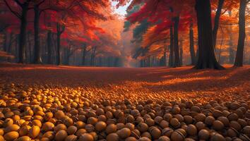 Acorn Forest Floor with Colorful Fall Trees and Sunlight photo