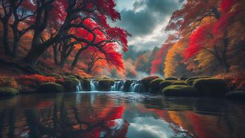 Waterfall Flowing Through Autumn Forest with Red Trees and Reflections photo