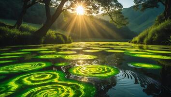 Glowing Green Circles Floating on Water with Sun Rays Landscape photo