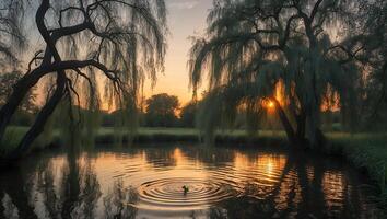Willow Trees Silhouetted at Sunset Reflecting in Still Pond Water photo