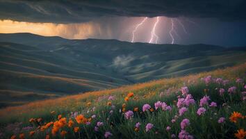 Landscape with Wildflowers Thunderstorm and Lightning Over Rolling Green Hills photo