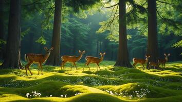 Deer Grazing in Sunlit Forest Glade with Lush Green Groundcover photo