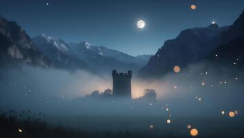 Mystical Tower in Fog Under Moonlight Surrounded by Snow Mountains photo