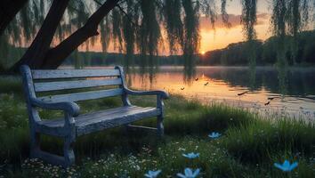Bench by Lake at Sunrise Weeping Willow Tranquil Scene photo