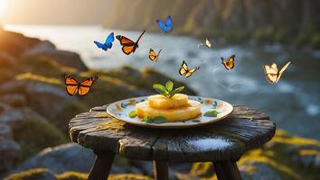Pineapple Slices on Stool with Butterflies by Flowing River at Sunset photo