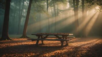 Picnic Table in Misty Forest Glade with Sunbeams and Autumn Leaves photo