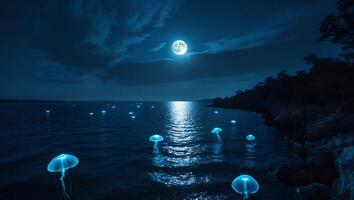 Glowing Jellyfish in Ocean Under Moonlight Creating Eerie Night Landscape photo