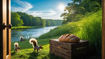 Squirrels Approaching Bread on Crate Beside River Through Open Door photo