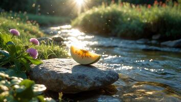 Fruit Slice on Rock Near Stream with Sunlight Bursting Through photo