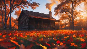 Cabin in Autumn Forest with Fallen Leaves and Smoke From Chimney photo
