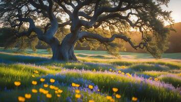 Majestic Tree Stands in Meadow with Wildflowers at Sunset photo