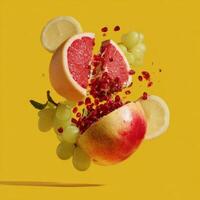 Sliced grapefruit, apple, grapes, lemon and pomegranate seeds falling on yellow background photo
