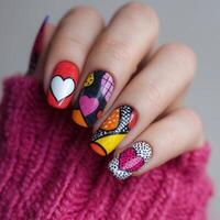 Woman showing colorful pop art nail art with hearts and geometric shapes photo