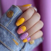 Woman showing colorful nails with pop style manicure photo