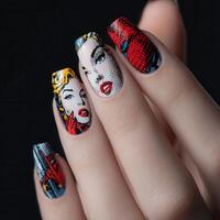 Woman showing pop art style manicure with comic book characters photo