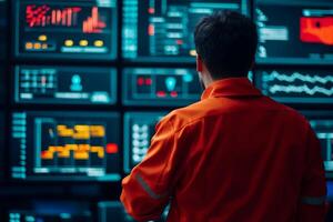 Disaster recovery and business continuity concept. Professional analyzing data on digital screens in a control room. photo