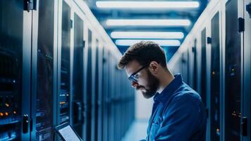 Disaster recovery and business continuity concept. Data center technician working on server management. photo