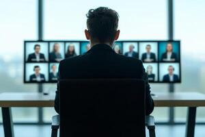 Online conferences in a seamless virtual space. Business meeting with remote participants on multiple screens. photo