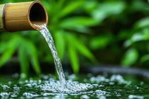 Serene, pure crystal water from gentle rain. Bamboo spout pouring water into a tranquil pond with lush greenery. photo