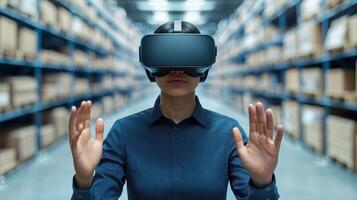 E-commerce logistics powered by data analytics. Person using virtual reality headset in a warehouse setting. photo