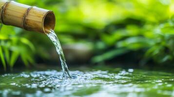 Bamboo spout flowing water into a tranquil green pond. Crystal water with eco-friendly concept. photo