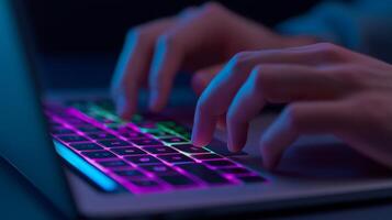 Hands typing on a laptop with vibrant, colorful backlighting. Digital literacy and cybersecurity research concept. photo