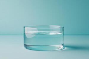 Clear glass container filled with water on a light blue surface. Pure water unpolluted concept. photo