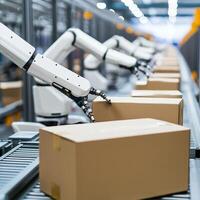 Automated robotic arms handling packages on a conveyor belt. e-commerce dropshipping concept. photo