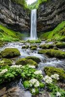 A stunning waterfall surrounded by lush greenery and serene pools. Pure water unpolluted concept. photo