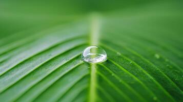 Close-up of a water droplet on a green leaf surface. Crystal water with eco-friendly concept. photo
