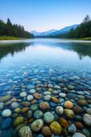 Serene river scene with clear water and smooth pebbles beneath the surface. Pure water unpolluted concept. photo