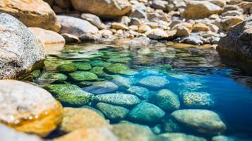 Calm water with smooth stones surrounded by rocky terrain. Crystal water with eco-friendly concept. photo