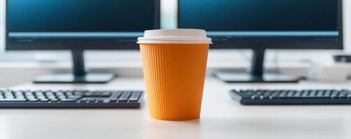 Coffee cup on desk between two computers in an office setting. photo