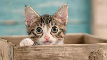 Cute kitten peeking out from a wooden box against a pastel background. photo