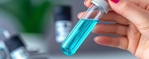 Lab hand holding a test tube filled with blue liquid. photo