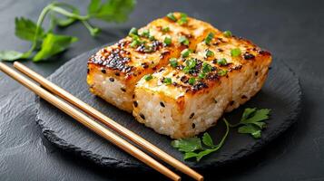 Grilled salmon served on a black slate plate with chopsticks. photo