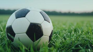 Soccer ball resting on wet grass in a lush green field photo