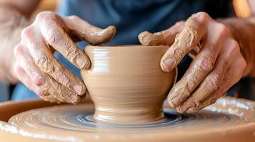 Hands shaping clay on a pottery wheel, creating a bowl. photo