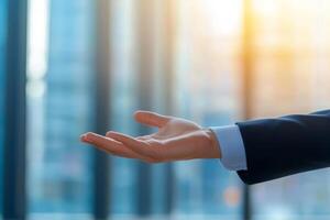 Outstretched hand offering a gesture in a modern office setting. Leadership development program concept. photo