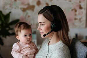 A woman with a headset holds a baby while working from home. photo