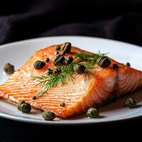Delicious salmon fillet garnished with capers and herbs. photo