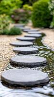 Serene garden pathway with stepping stones and a gentle stream. Wellness and Self-Care Mindfulness and Meditation concept. photo